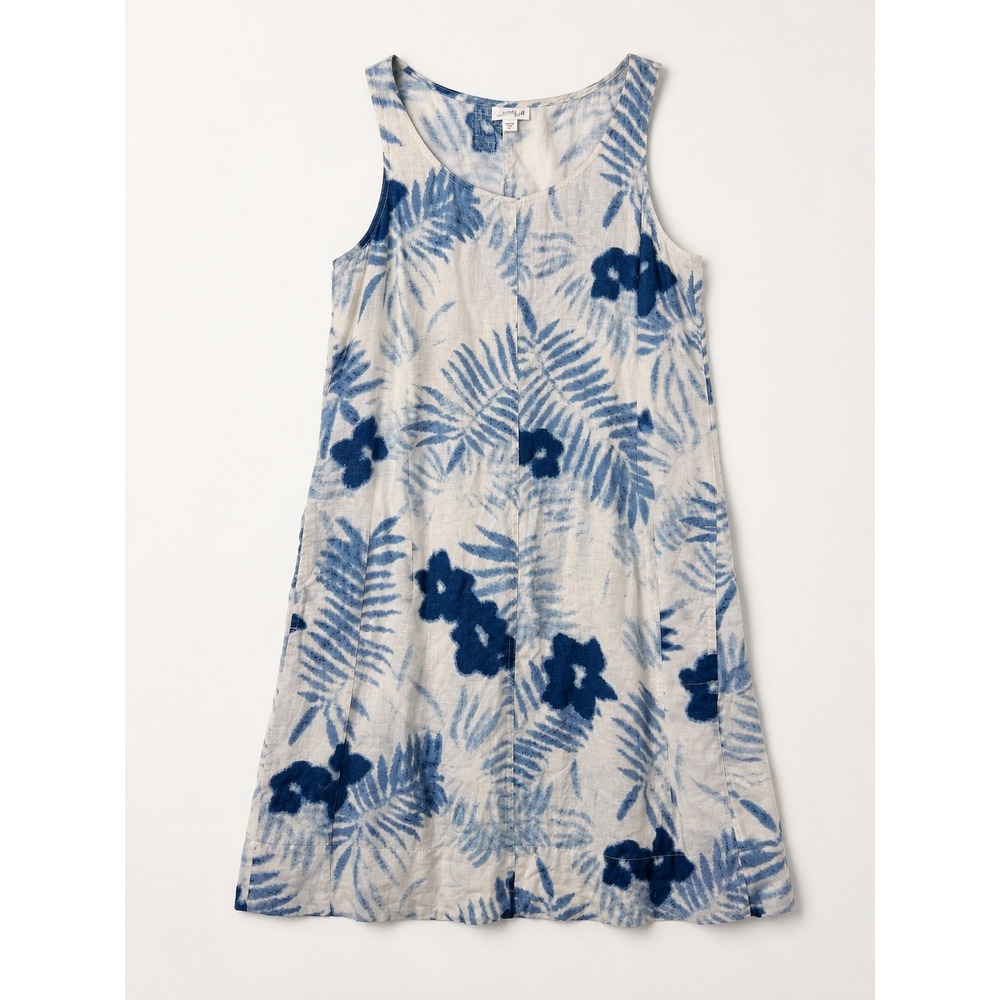 J. Jill Love Linen Shift Dress Blue White Tropical Floral Palm Pockets XS